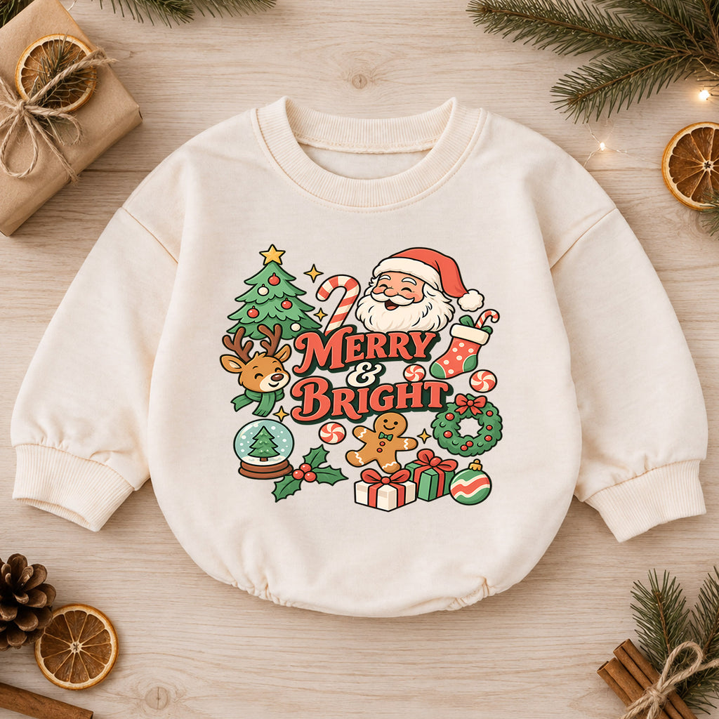 Santa Reindeer Merry and Bright Baby Romper, Christmas Holiday Outfit, Toddler Xmas Romper, Cute 1st Christmas Baby Gift — product view 1
