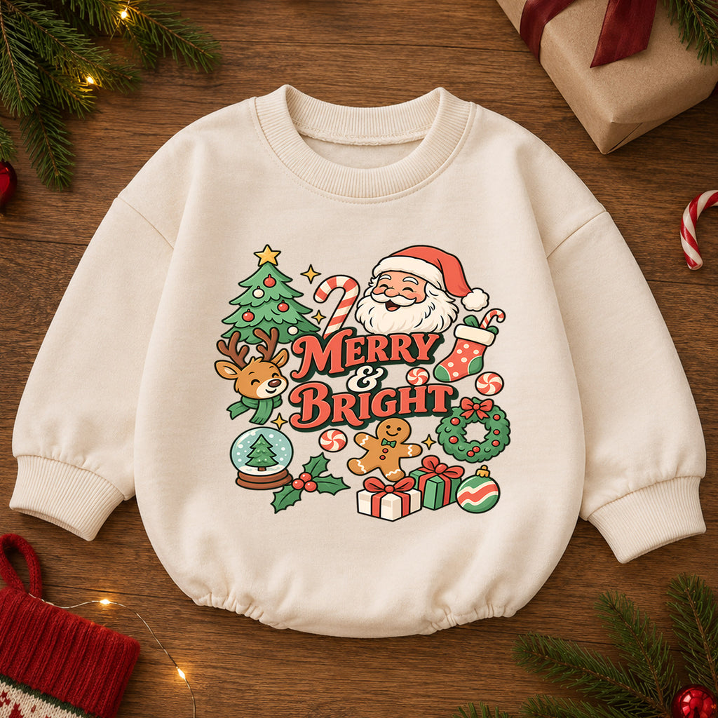Santa Reindeer Merry and Bright Baby Romper, Christmas Holiday Outfit, Toddler Xmas Romper, Cute 1st Christmas Baby Gift — product view 2