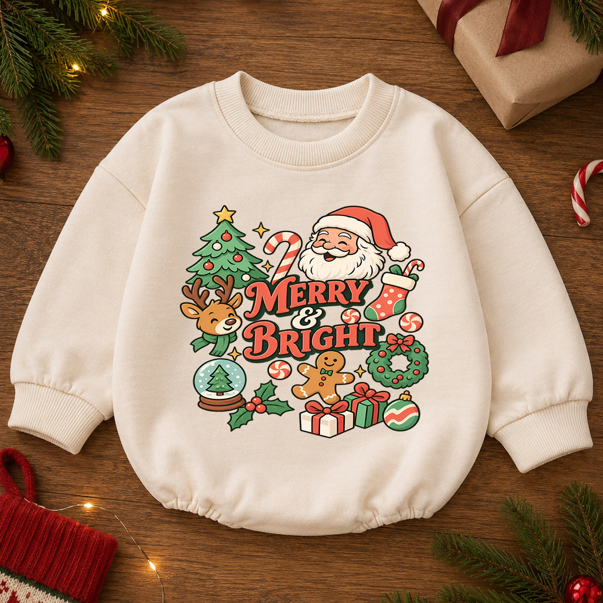 Santa Reindeer Merry and Bright Baby Romper, Christmas Holiday Outfit, Toddler Xmas Romper, Cute 1st Christmas Baby Gift — product view 2