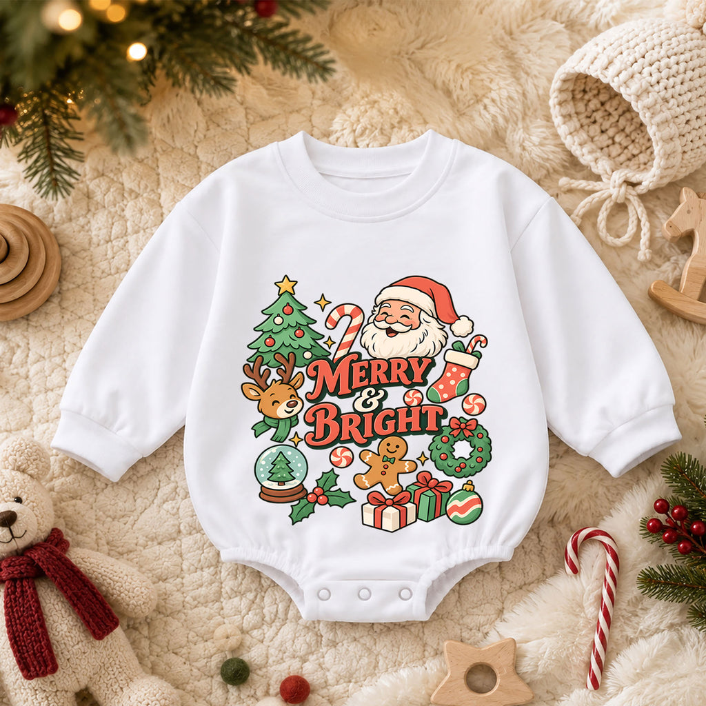 Santa Reindeer Merry and Bright Baby Romper, Christmas Holiday Outfit, Toddler Xmas Romper, Cute 1st Christmas Baby Gift — product view 3