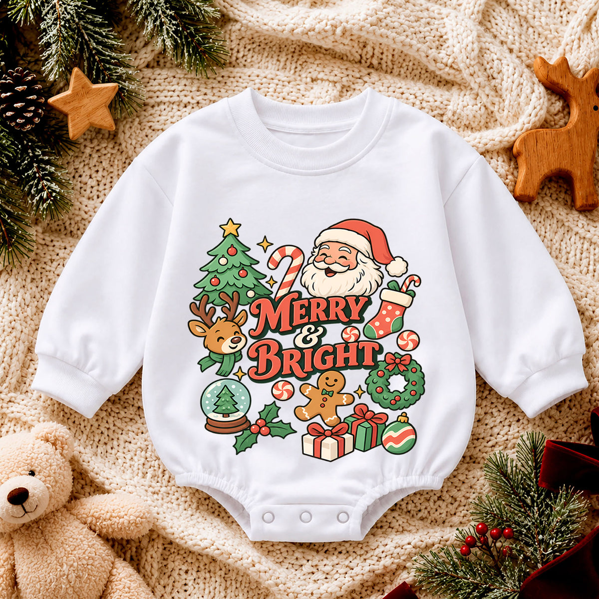 Santa Reindeer Merry and Bright Baby Romper, Christmas Holiday Outfit, Toddler Xmas Romper, Cute 1st Christmas Baby Gift — product view 4