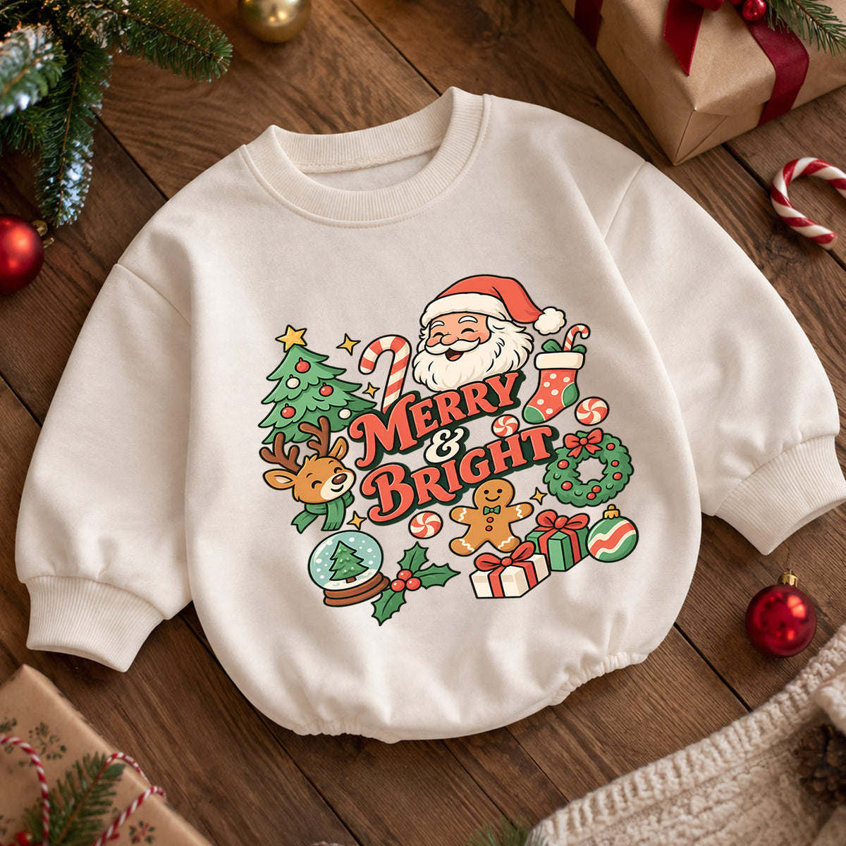 Santa Reindeer Merry and Bright Baby Romper, Christmas Holiday Outfit, Toddler Xmas Romper, Cute 1st Christmas Baby Gift — product view 5