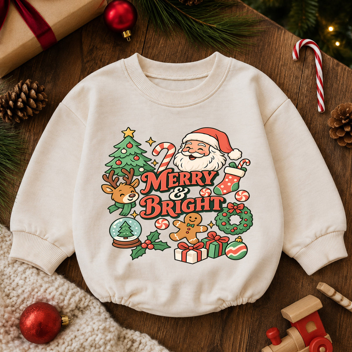 Santa Reindeer Merry and Bright Baby Romper, Christmas Holiday Outfit, Toddler Xmas Romper, Cute 1st Christmas Baby Gift — product view 6
