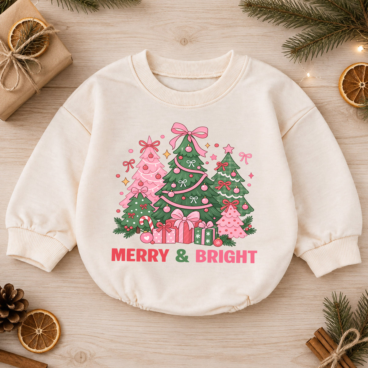 Pink Christmas Tree Baby Romper, Merry and Bright Holiday Outfit, Toddler Christmas Romper, Cute 1st Christmas Gift for Baby — product view 1