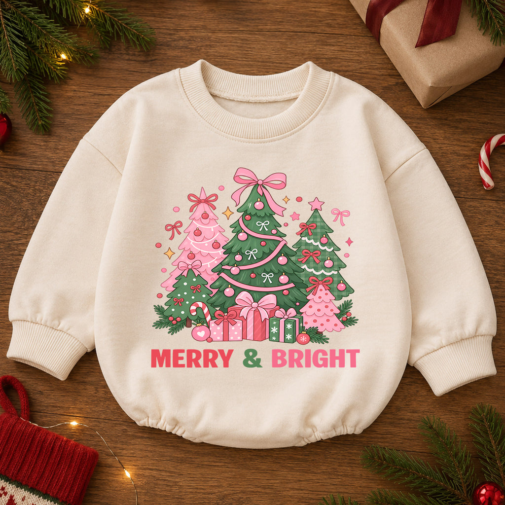Pink Christmas Tree Baby Romper, Merry and Bright Holiday Outfit, Toddler Christmas Romper, Cute 1st Christmas Gift for Baby — product view 2