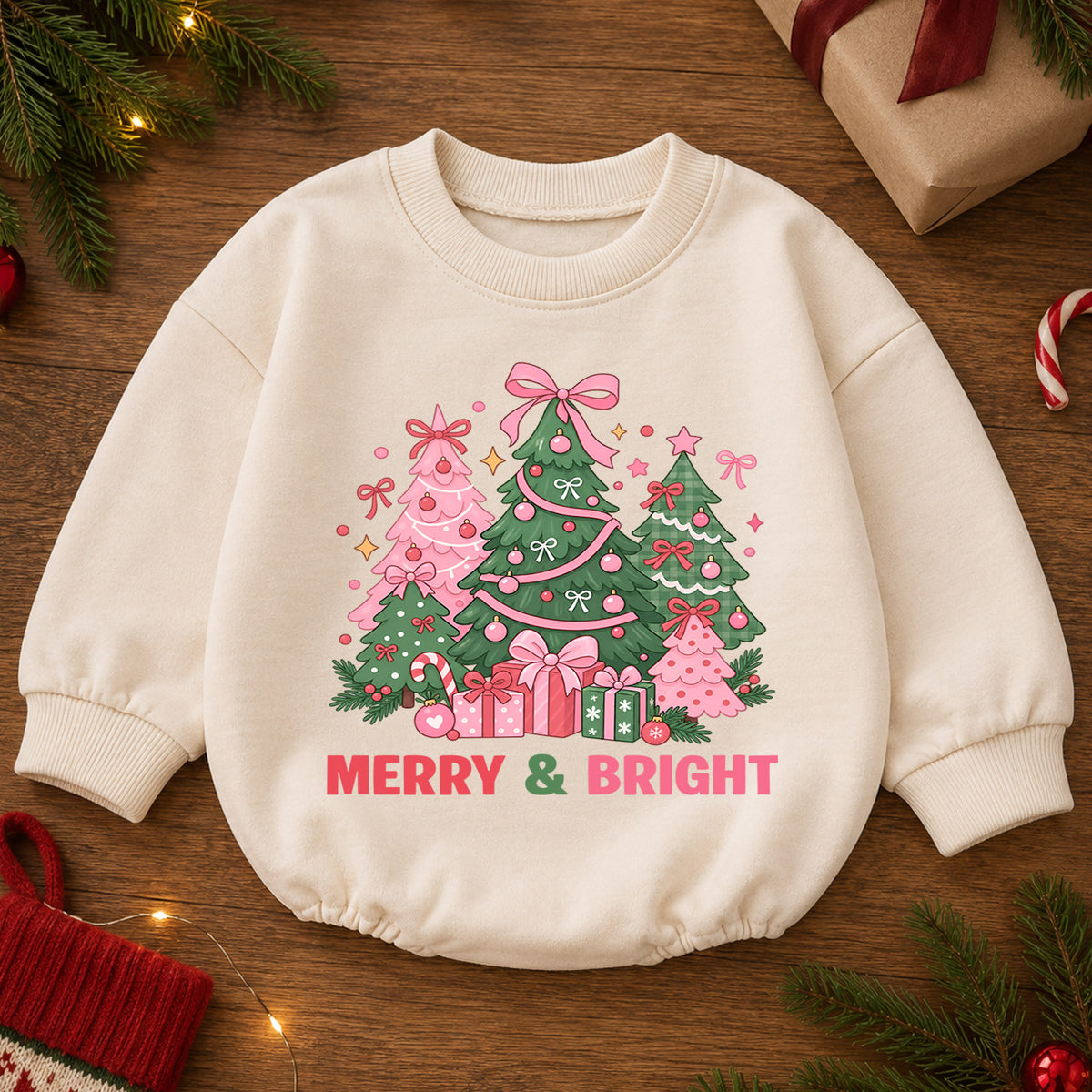 Pink Christmas Tree Baby Romper, Merry and Bright Holiday Outfit, Toddler Christmas Romper, Cute 1st Christmas Gift for Baby — product view 2