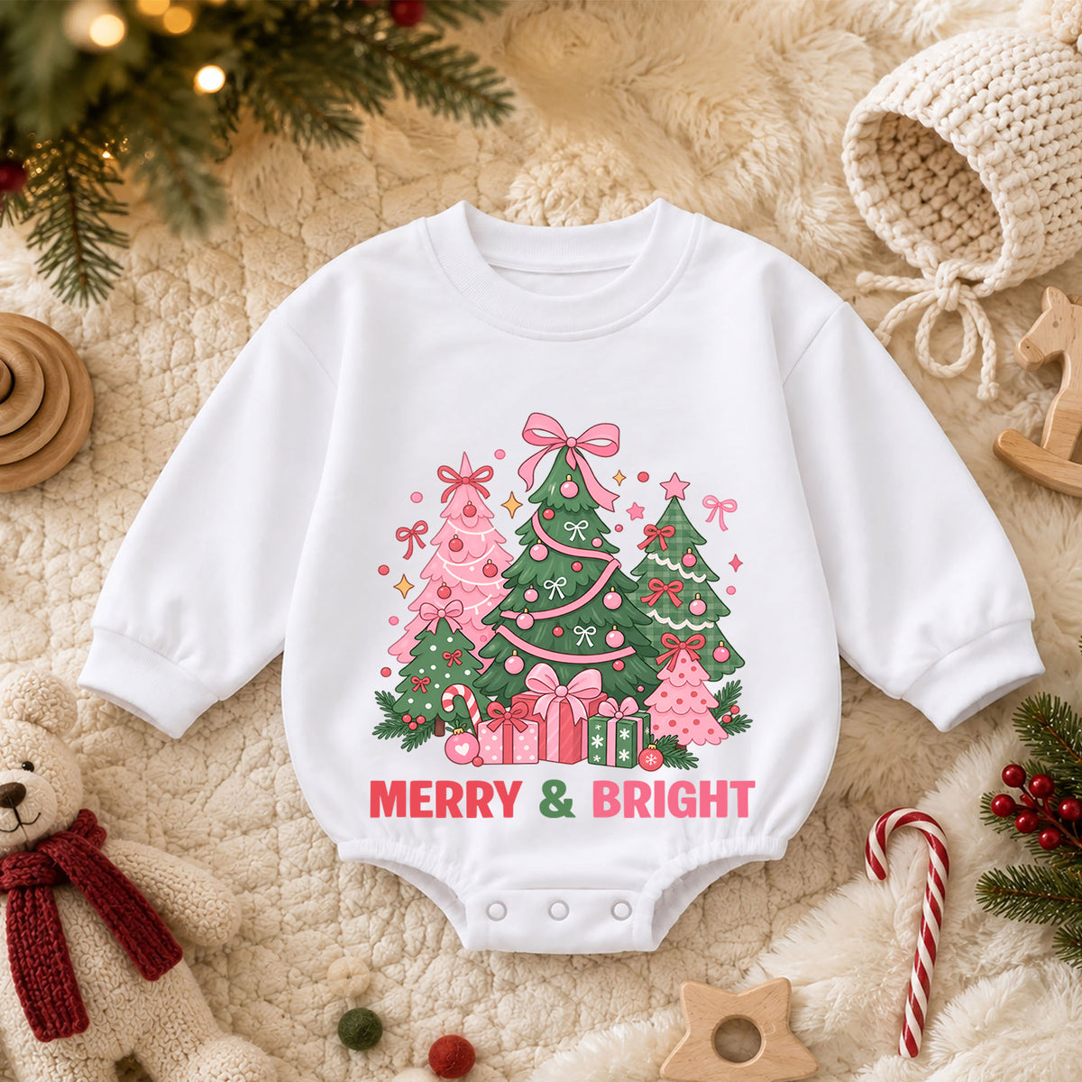 Pink Christmas Tree Baby Romper, Merry and Bright Holiday Outfit, Toddler Christmas Romper, Cute 1st Christmas Gift for Baby — product view 3