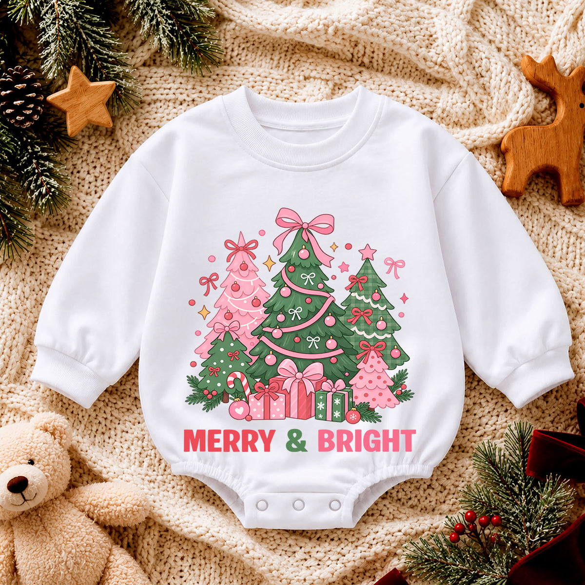 Pink Christmas Tree Baby Romper, Merry and Bright Holiday Outfit, Toddler Christmas Romper, Cute 1st Christmas Gift for Baby — product view 4
