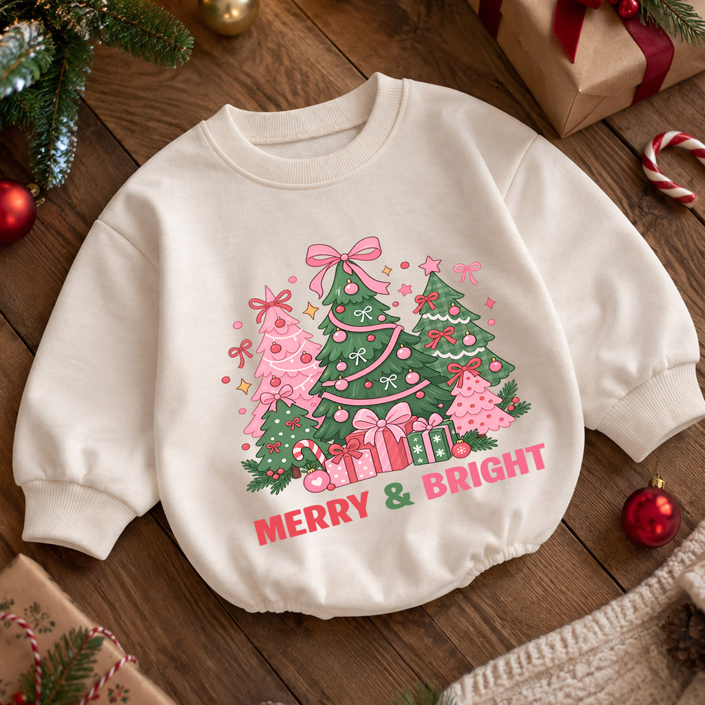 Pink Christmas Tree Baby Romper, Merry and Bright Holiday Outfit, Toddler Christmas Romper, Cute 1st Christmas Gift for Baby — product view 5