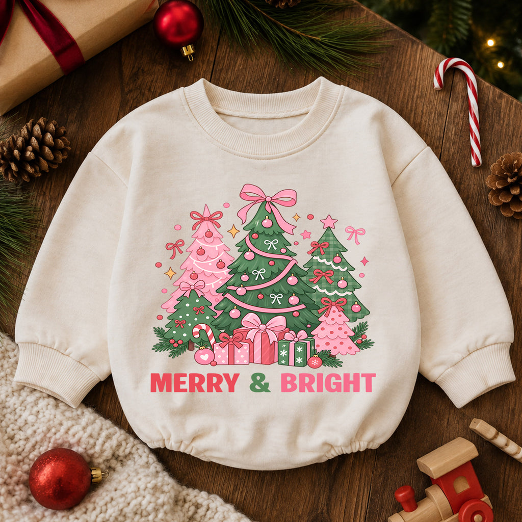 Pink Christmas Tree Baby Romper, Merry and Bright Holiday Outfit, Toddler Christmas Romper, Cute 1st Christmas Gift for Baby — product view 6