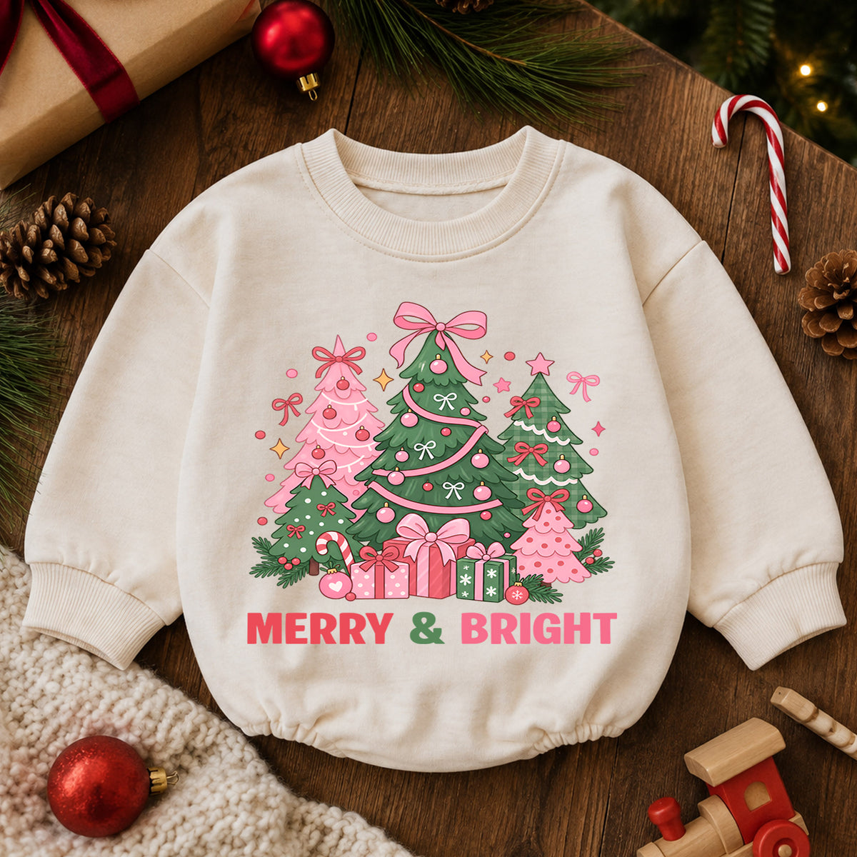 Pink Christmas Tree Baby Romper, Merry and Bright Holiday Outfit, Toddler Christmas Romper, Cute 1st Christmas Gift for Baby — product view 6