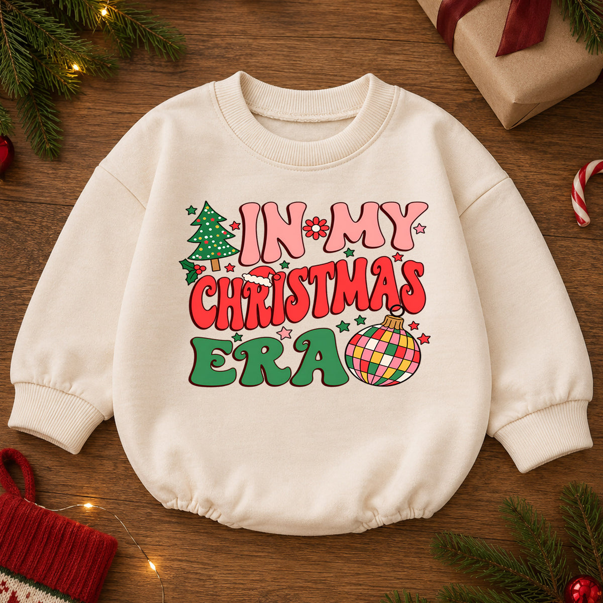 In My Christmas Era Baby Outfit, Retro Christmas Romper, Toddler Holiday Outfit, Cute Xmas Baby Romper, Christmas Baby Gift — product view 2