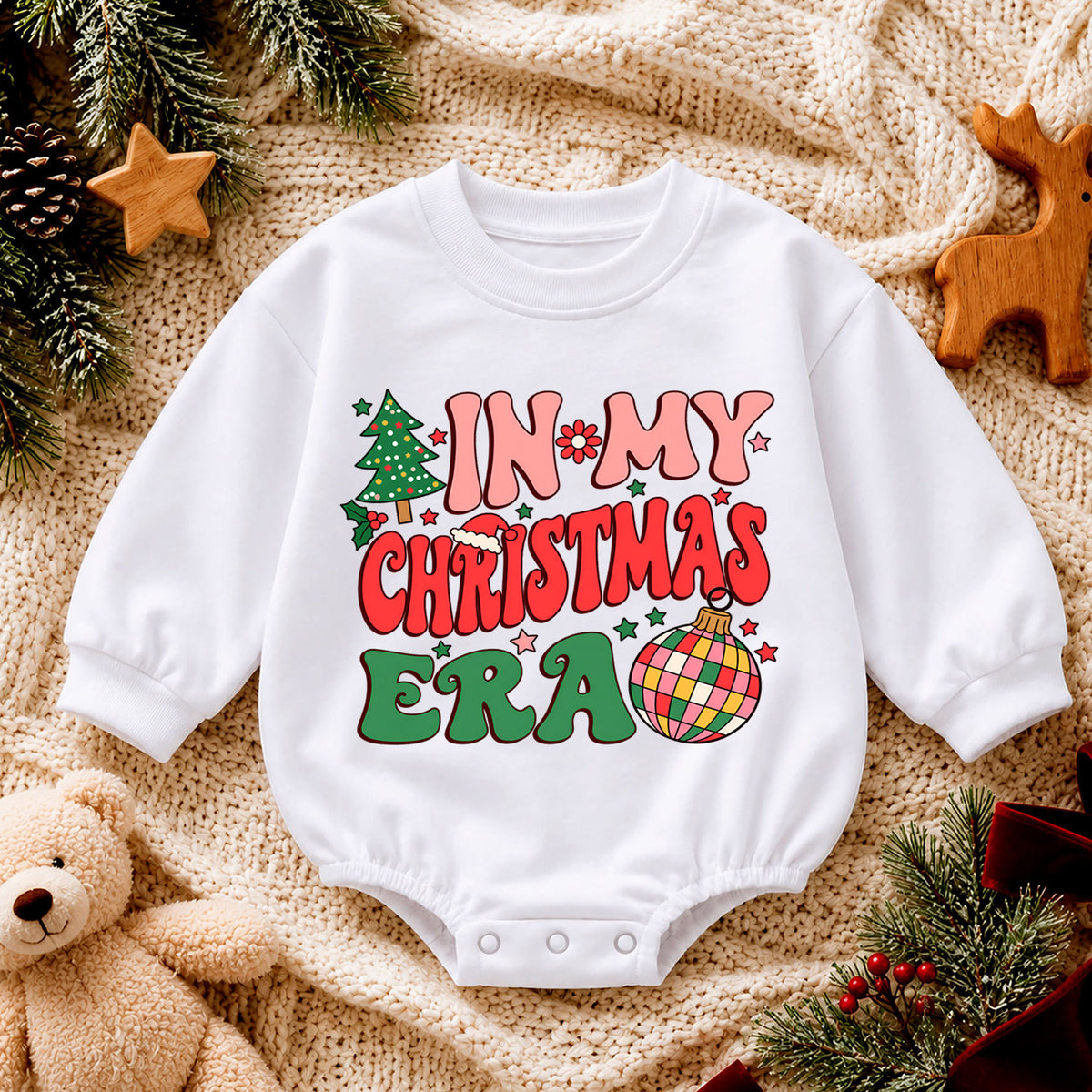 In My Christmas Era Baby Outfit, Retro Christmas Romper, Toddler Holiday Outfit, Cute Xmas Baby Romper, Christmas Baby Gift — product view 4