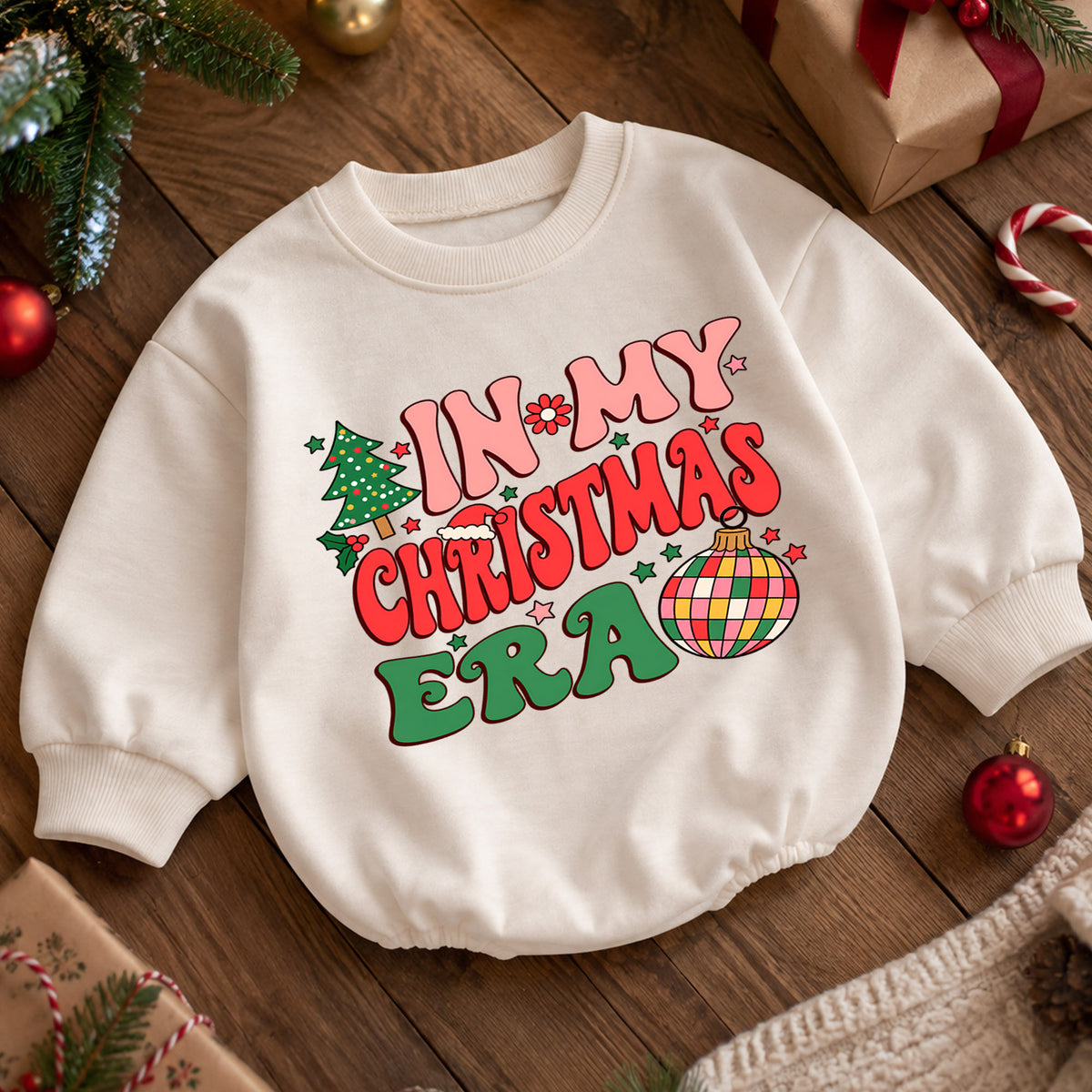In My Christmas Era Baby Outfit, Retro Christmas Romper, Toddler Holiday Outfit, Cute Xmas Baby Romper, Christmas Baby Gift — product view 5