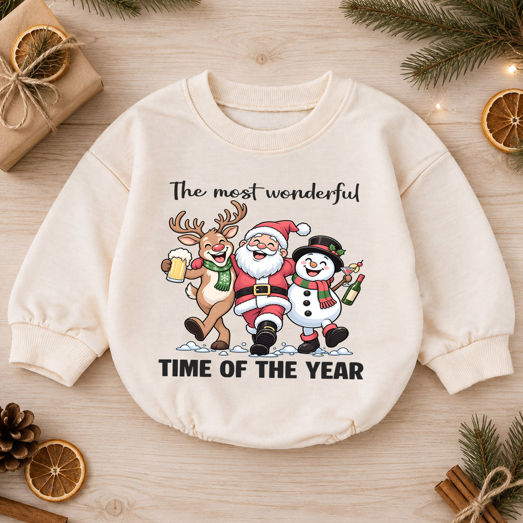 The Most Wonderful Time of the Year Baby Romper, Santa Reindeer Snowman Christmas Outfit, Cute 1st Christmas Gift for Baby — product view 1