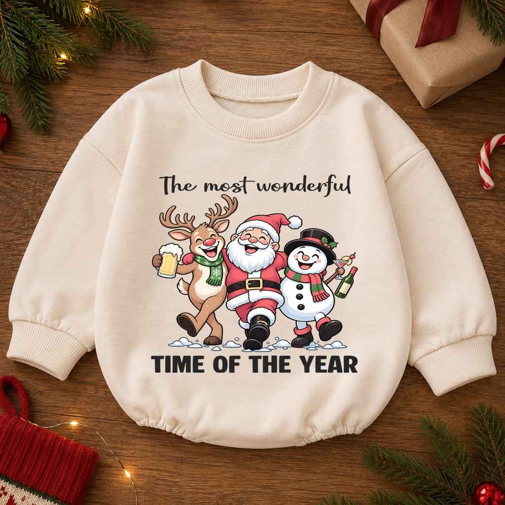 The Most Wonderful Time of the Year Baby Romper, Santa Reindeer Snowman Christmas Outfit, Cute 1st Christmas Gift for Baby — product view 2