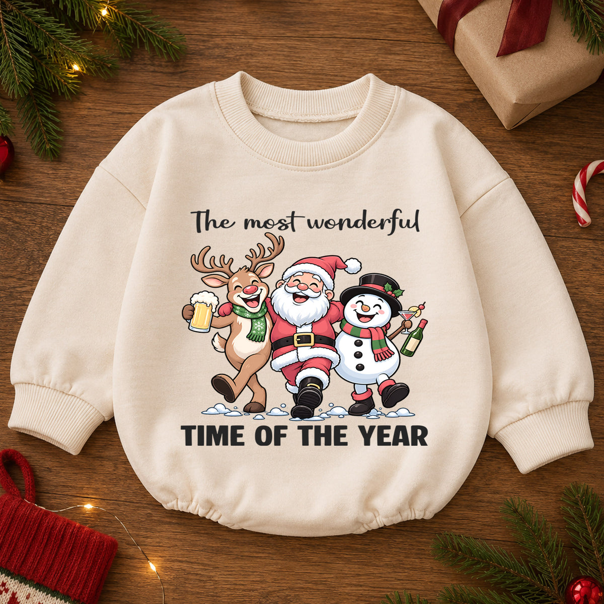 The Most Wonderful Time of the Year Baby Romper, Santa Reindeer Snowman Christmas Outfit, Cute 1st Christmas Gift for Baby — product view 2