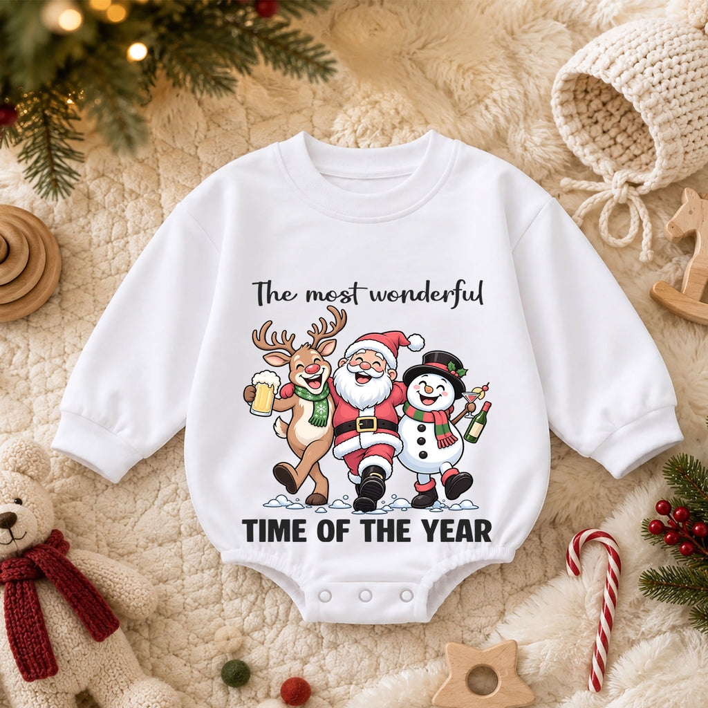 The Most Wonderful Time of the Year Baby Romper, Santa Reindeer Snowman Christmas Outfit, Cute 1st Christmas Gift for Baby — product view 3
