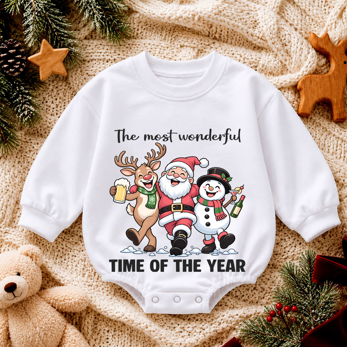 The Most Wonderful Time of the Year Baby Romper, Santa Reindeer Snowman Christmas Outfit, Cute 1st Christmas Gift for Baby — product view 4