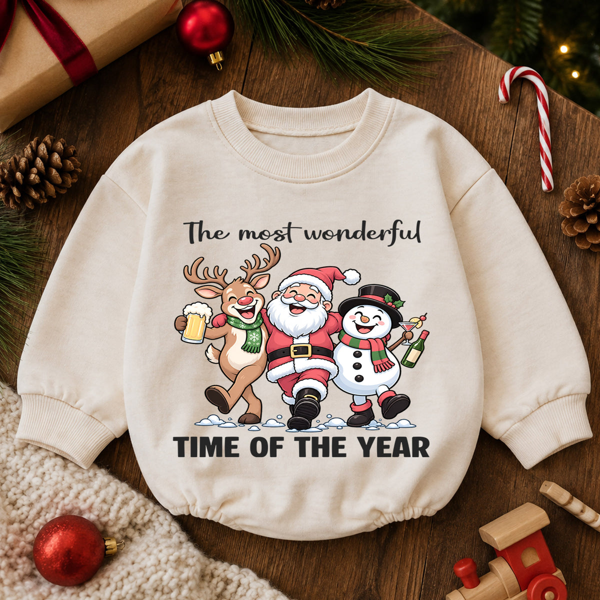 The Most Wonderful Time of the Year Baby Romper, Santa Reindeer Snowman Christmas Outfit, Cute 1st Christmas Gift for Baby — product view 6