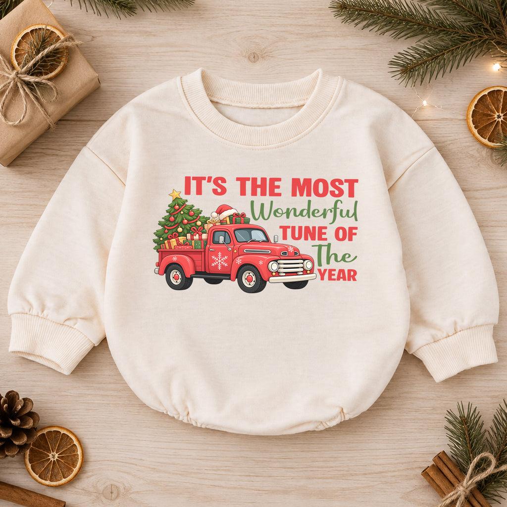 It's the Most Wonderful Tune of the Year Baby Romper, Red Truck Christmas Outfit, Cute 1st Christmas Gift for Baby — product view 1
