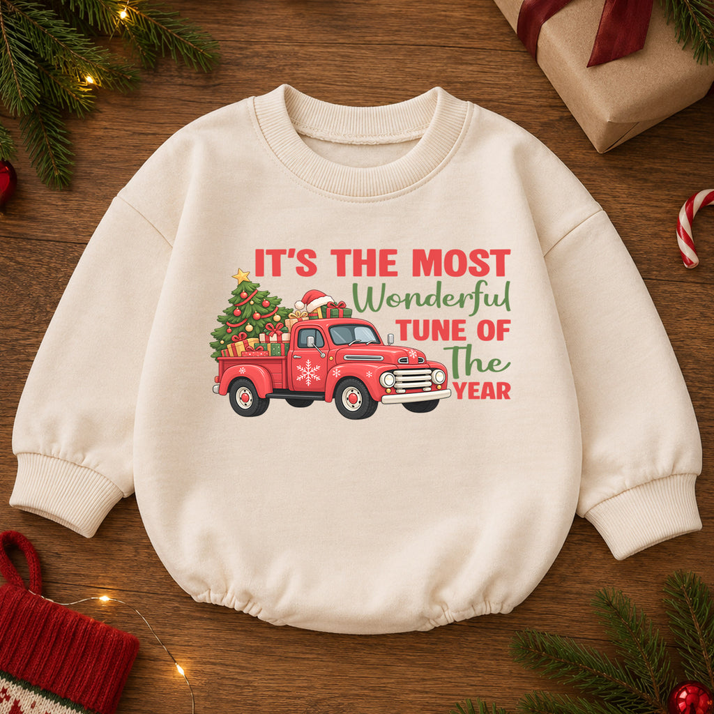 It's the Most Wonderful Tune of the Year Baby Romper, Red Truck Christmas Outfit, Cute 1st Christmas Gift for Baby — product view 2