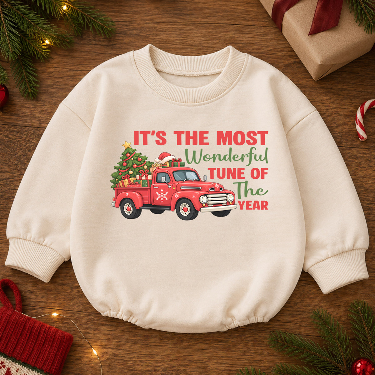 It's the Most Wonderful Tune of the Year Baby Romper, Red Truck Christmas Outfit, Cute 1st Christmas Gift for Baby — product view 2