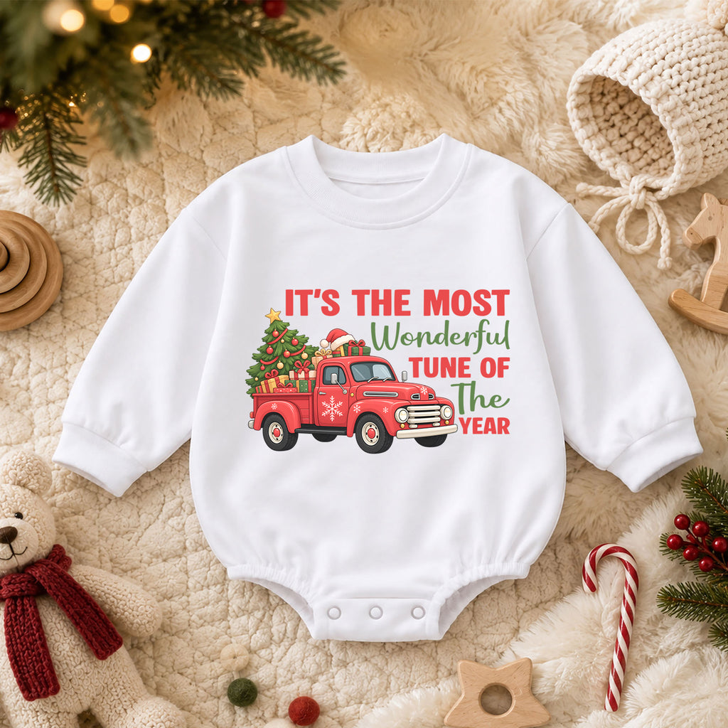 It's the Most Wonderful Tune of the Year Baby Romper, Red Truck Christmas Outfit, Cute 1st Christmas Gift for Baby — product view 3