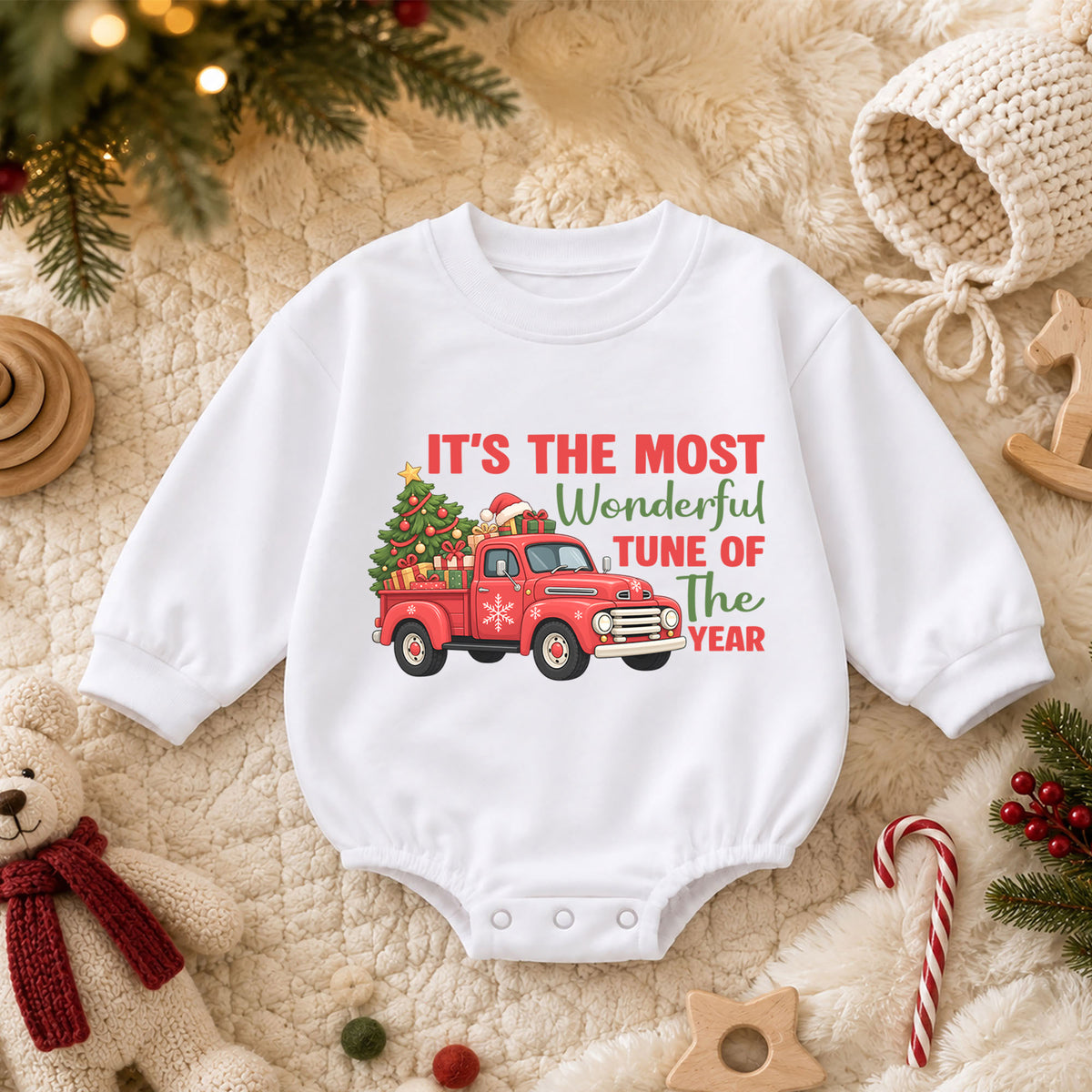 It's the Most Wonderful Tune of the Year Baby Romper, Red Truck Christmas Outfit, Cute 1st Christmas Gift for Baby — product view 3
