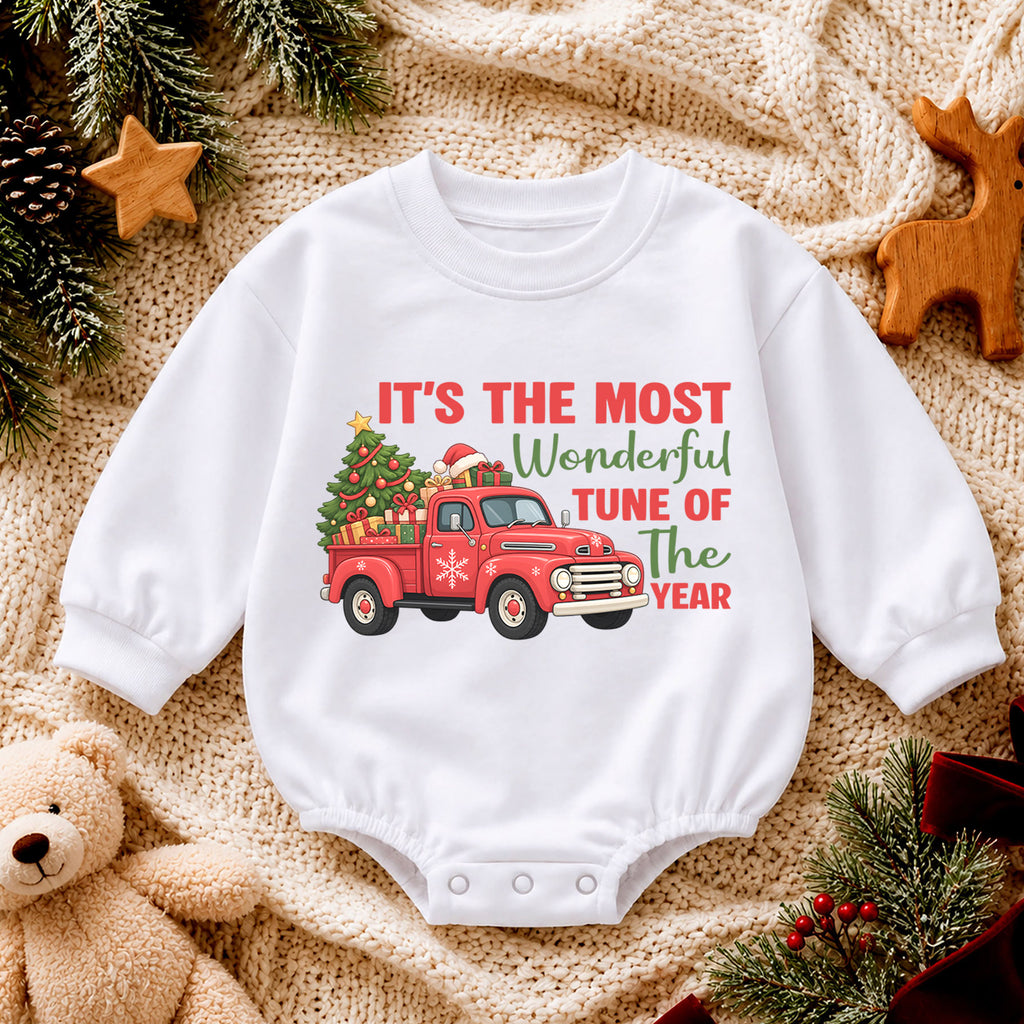 It's the Most Wonderful Tune of the Year Baby Romper, Red Truck Christmas Outfit, Cute 1st Christmas Gift for Baby — product view 4
