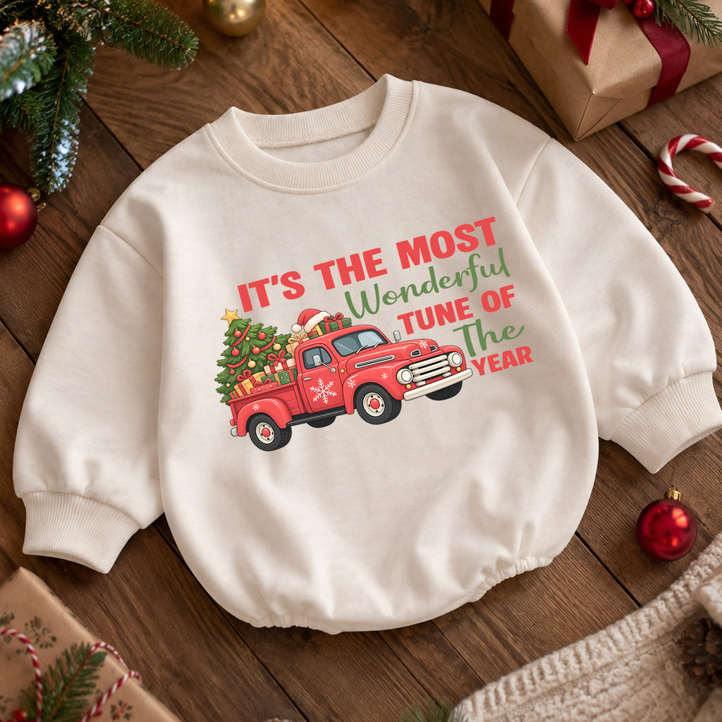 It's the Most Wonderful Tune of the Year Baby Romper, Red Truck Christmas Outfit, Cute 1st Christmas Gift for Baby — product view 5