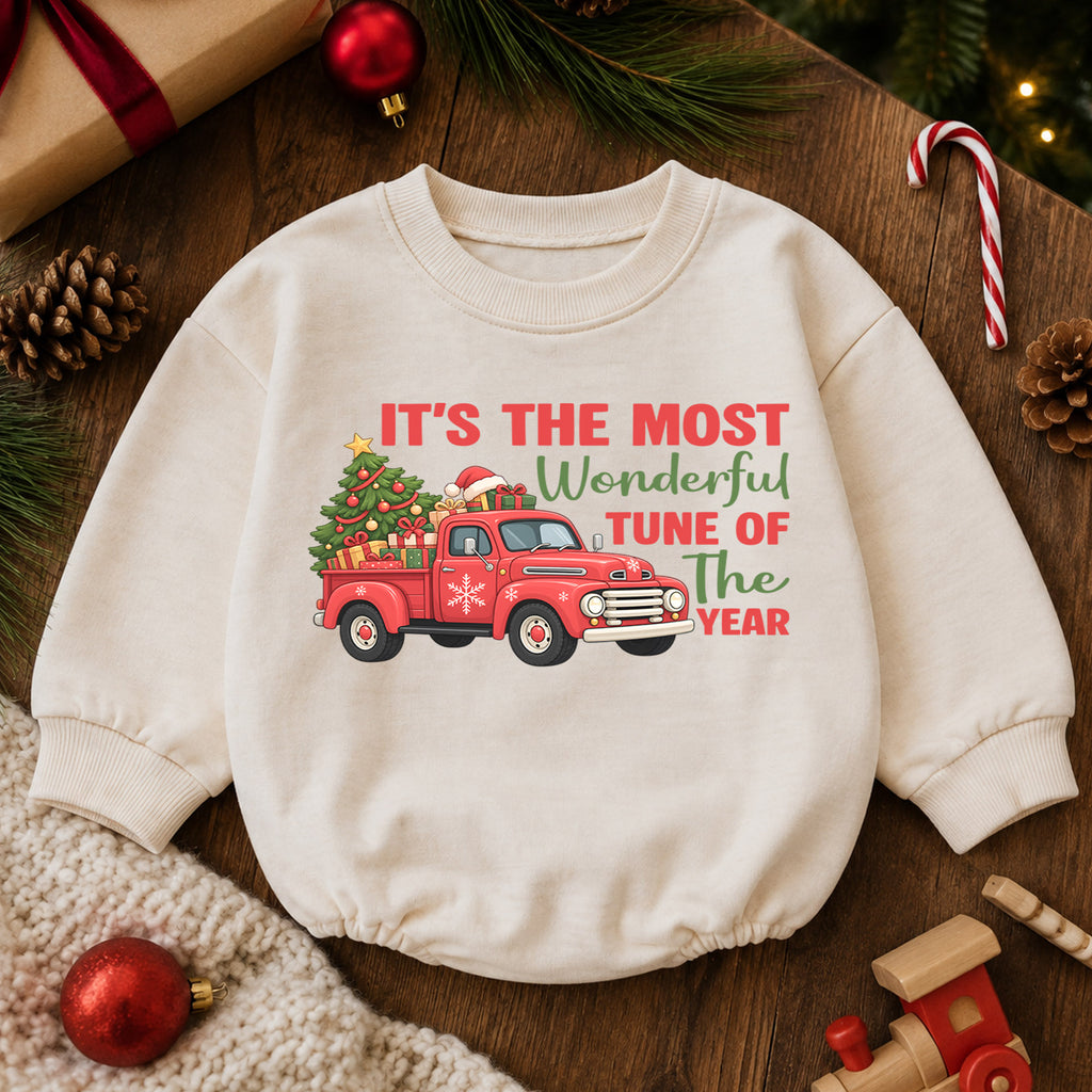 It's the Most Wonderful Tune of the Year Baby Romper, Red Truck Christmas Outfit, Cute 1st Christmas Gift for Baby — product view 6