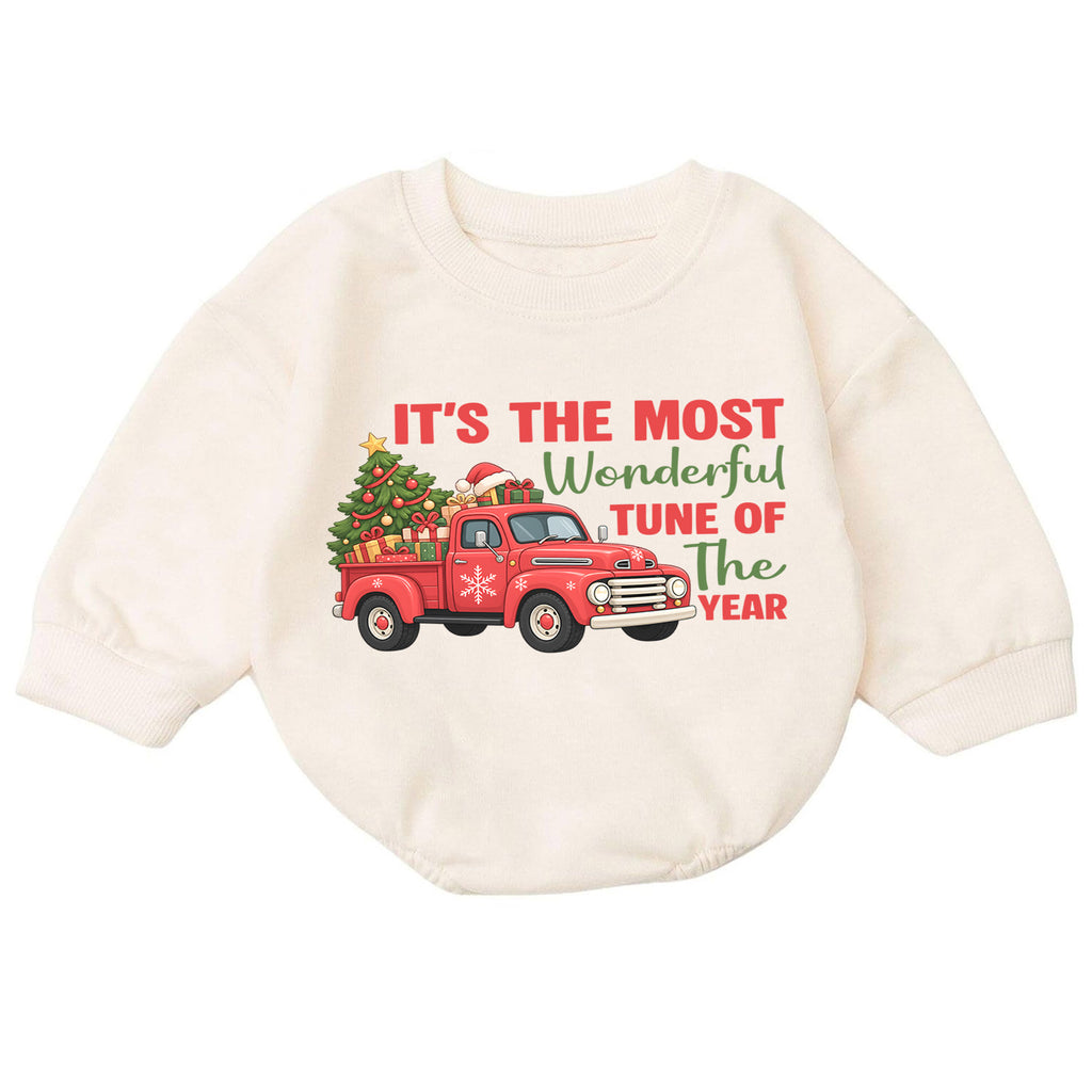 It's the Most Wonderful Tune of the Year Baby Romper, Red Truck Christmas Outfit, Cute 1st Christmas Gift for Baby — product view 7