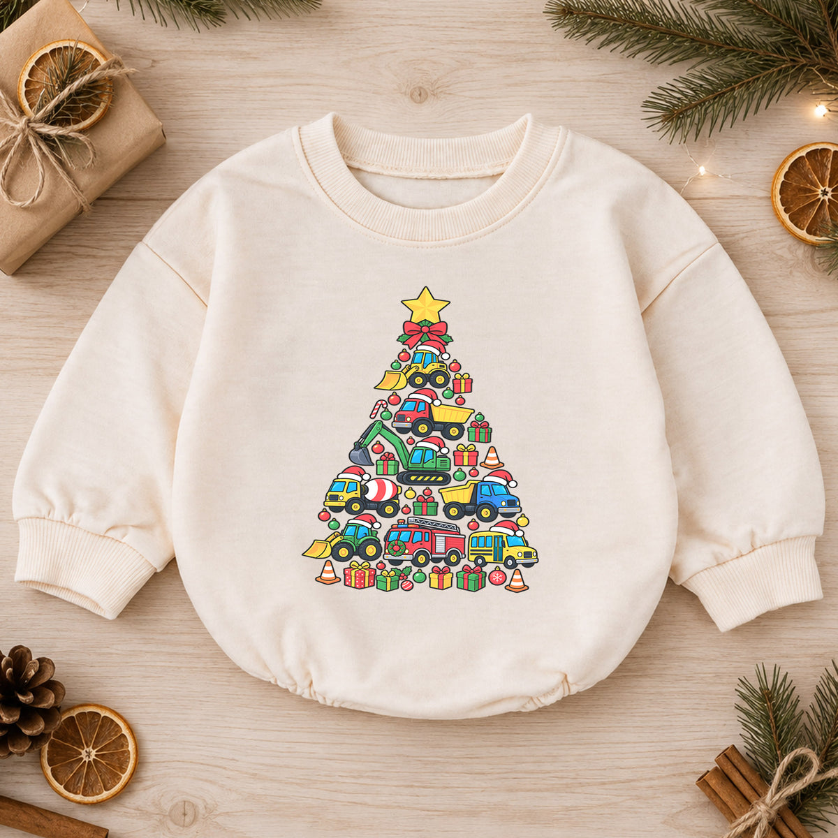 Construction Christmas Tree Romper, Truck Baby Holiday Outfit, 1st Christmas Keepsake, Winter 1st Birthday Romper for Boys — product view 1
