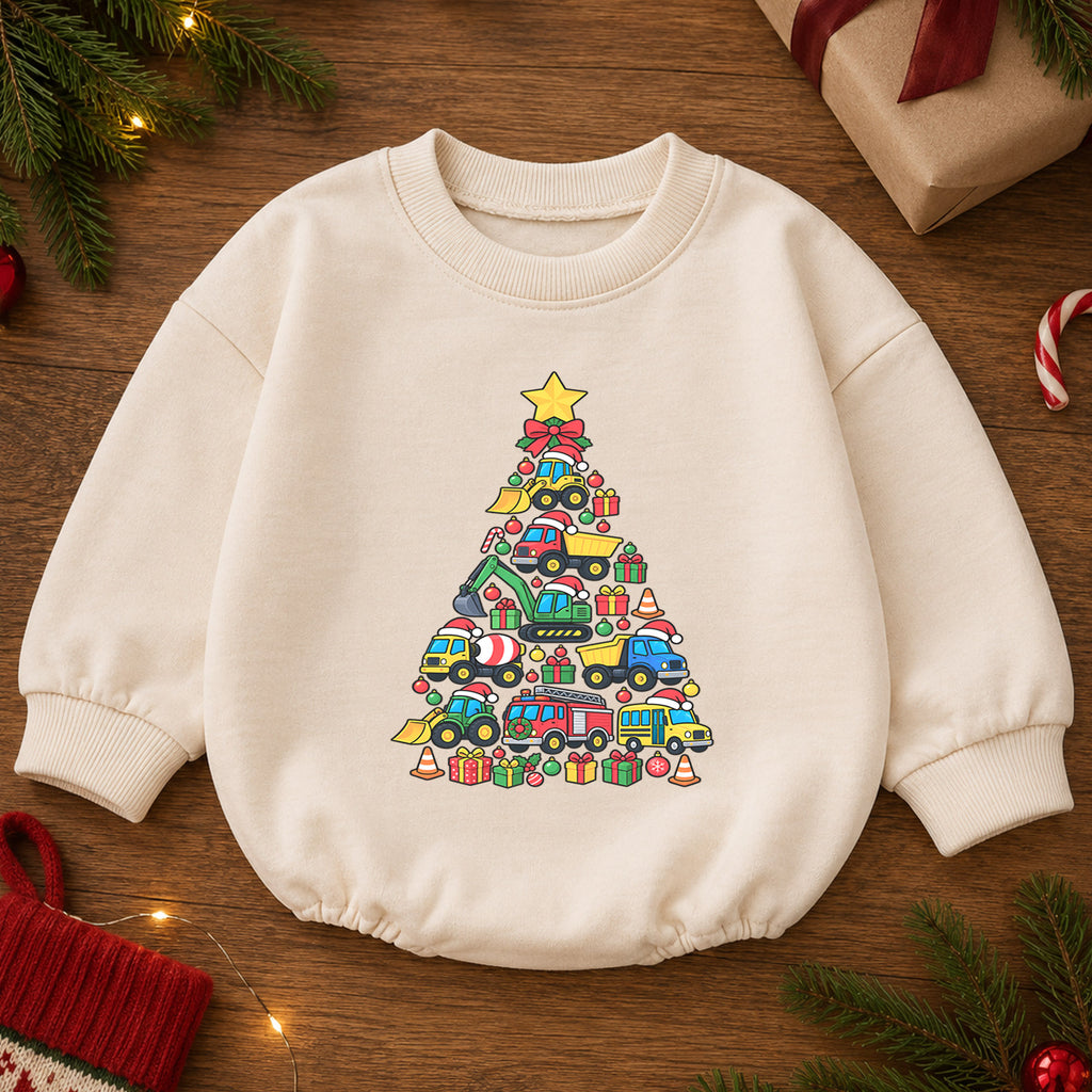 Construction Christmas Tree Romper, Truck Baby Holiday Outfit, 1st Christmas Keepsake, Winter 1st Birthday Romper for Boys — product view 2