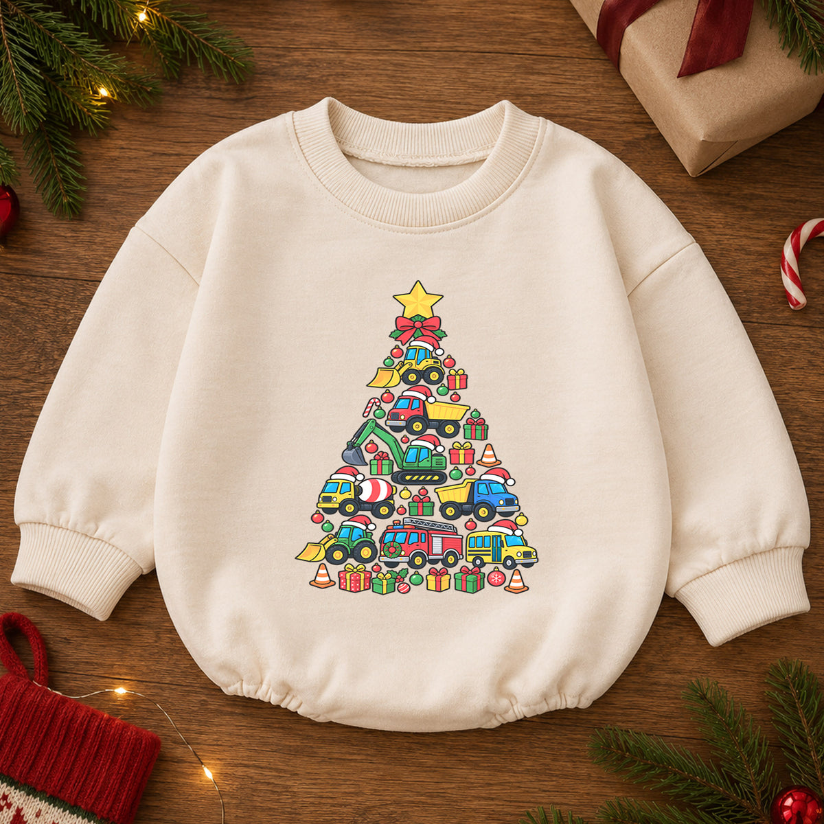 Construction Christmas Tree Romper, Truck Baby Holiday Outfit, 1st Christmas Keepsake, Winter 1st Birthday Romper for Boys — product view 2