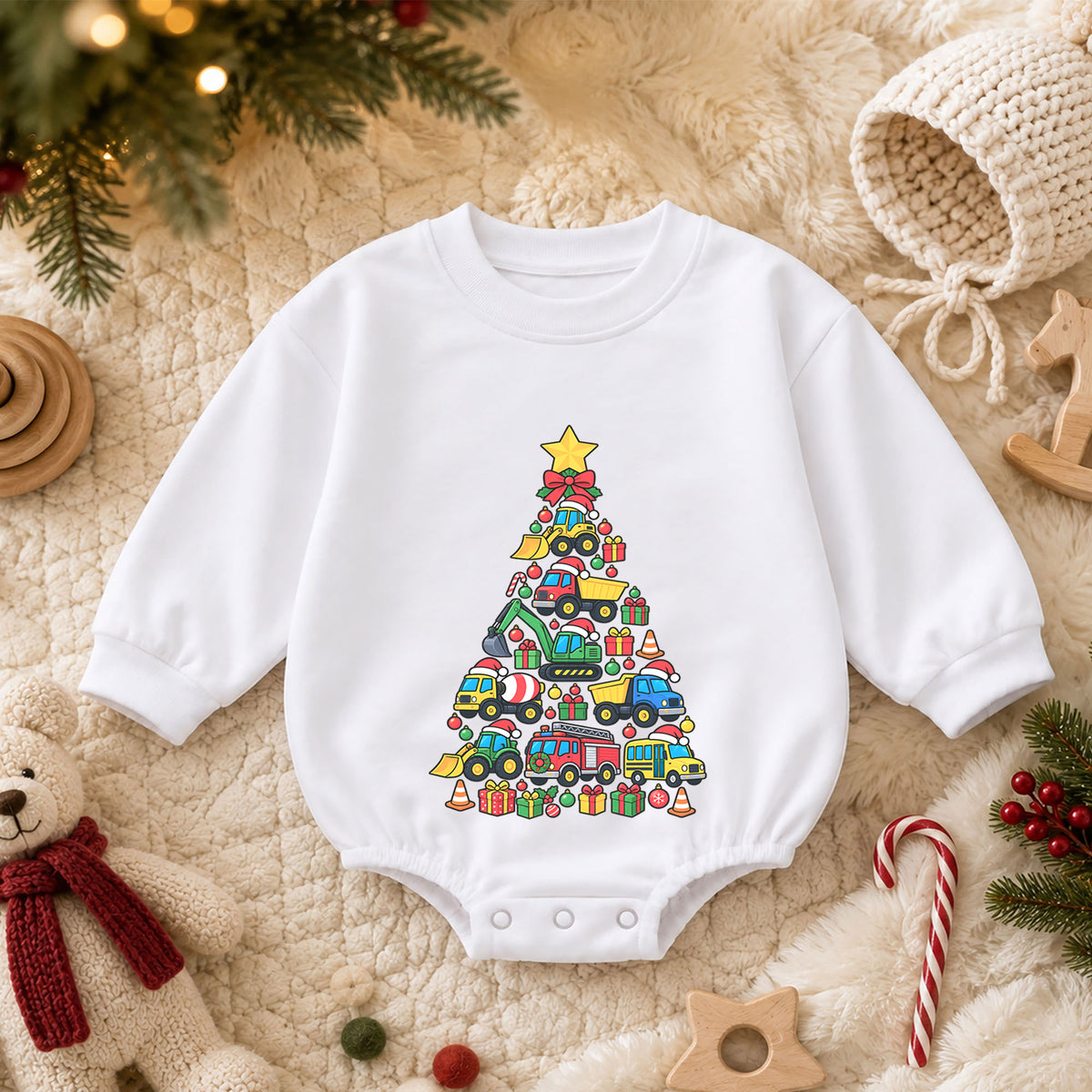 Construction Christmas Tree Romper, Truck Baby Holiday Outfit, 1st Christmas Keepsake, Winter 1st Birthday Romper for Boys — product view 3