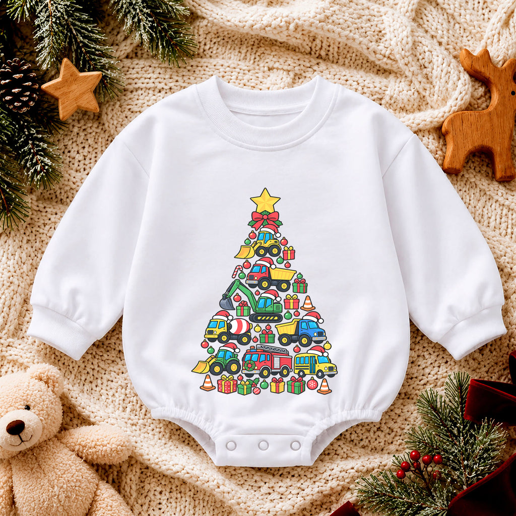 Construction Christmas Tree Romper, Truck Baby Holiday Outfit, 1st Christmas Keepsake, Winter 1st Birthday Romper for Boys — product view 4