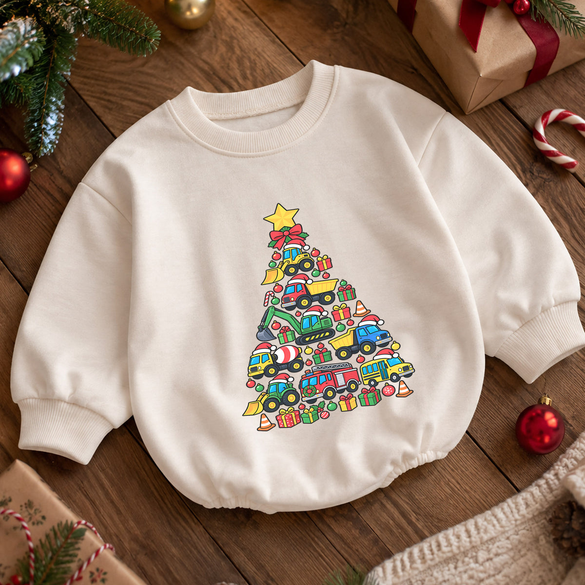 Construction Christmas Tree Romper, Truck Baby Holiday Outfit, 1st Christmas Keepsake, Winter 1st Birthday Romper for Boys — product view 5