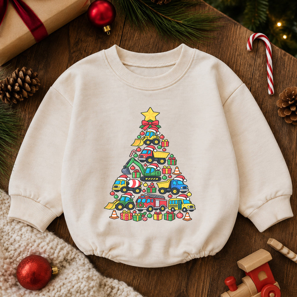 Construction Christmas Tree Romper, Truck Baby Holiday Outfit, 1st Christmas Keepsake, Winter 1st Birthday Romper for Boys — product view 6