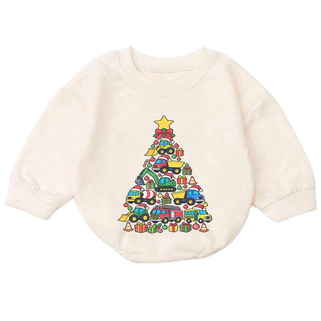Construction Christmas Tree Romper, Truck Baby Holiday Outfit, 1st Christmas Keepsake, Winter 1st Birthday Romper for Boys — product view 7