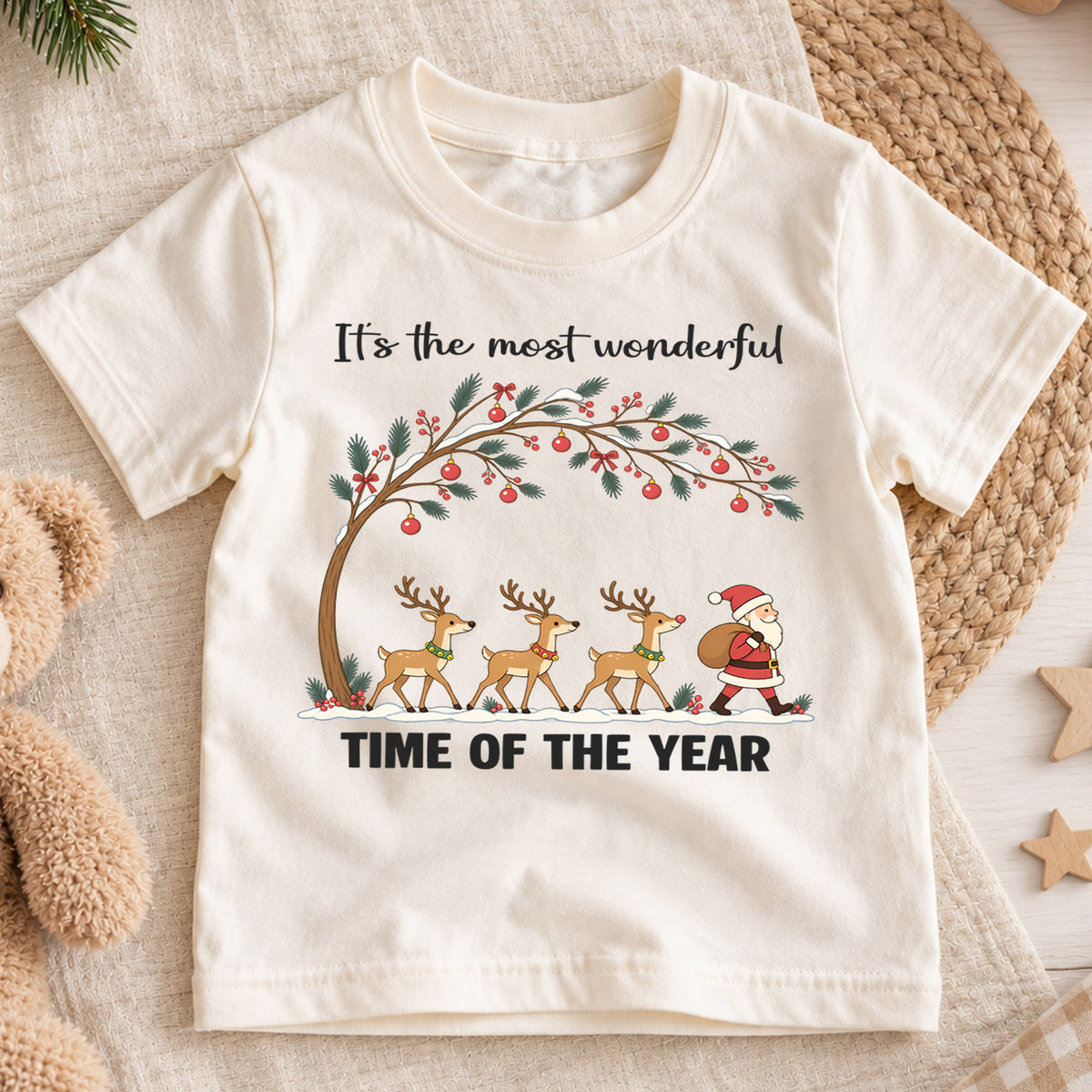 Most Wonderful Time Of The Year Shirt, Reindeer Santa Shirt, Retro Christmas Tree Tee, Vintage Xmas Holiday Shirt, Festive Winter Tee (138 ký tự) — product view 1