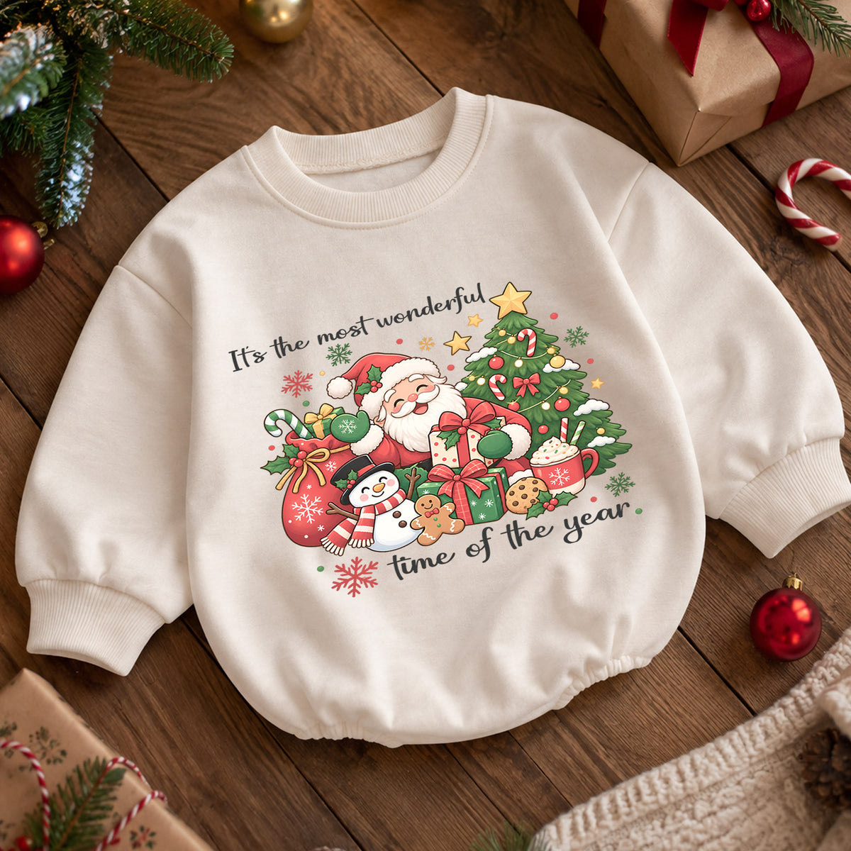 It's the Most Wonderful Time of the Year Baby Romper, Santa Snowman Christmas Outfit, Cute 1st Christmas Gift for Baby — product view 5