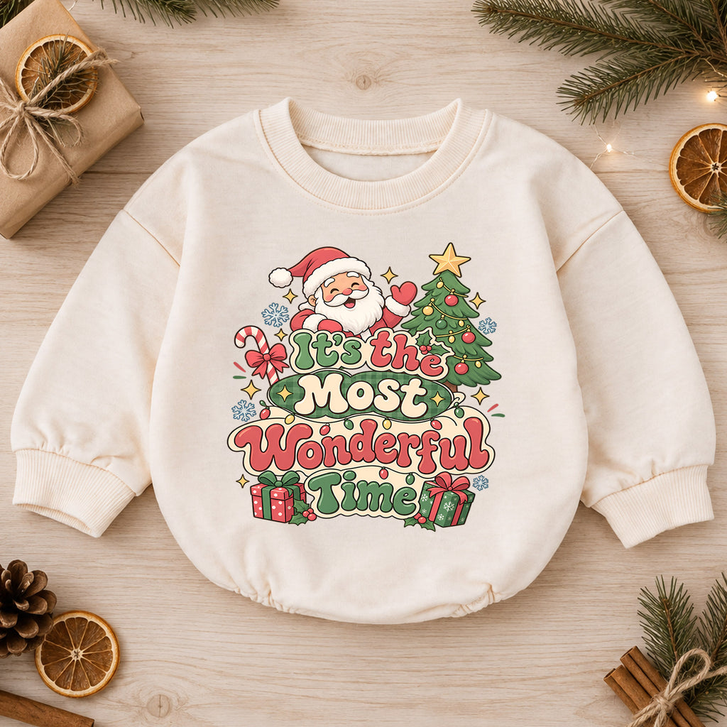 It's the Most Wonderful Time Christmas Baby Romper, Retro Santa Holiday Outfit, Toddler Xmas Romper, 1st Christmas Gift — product view 1