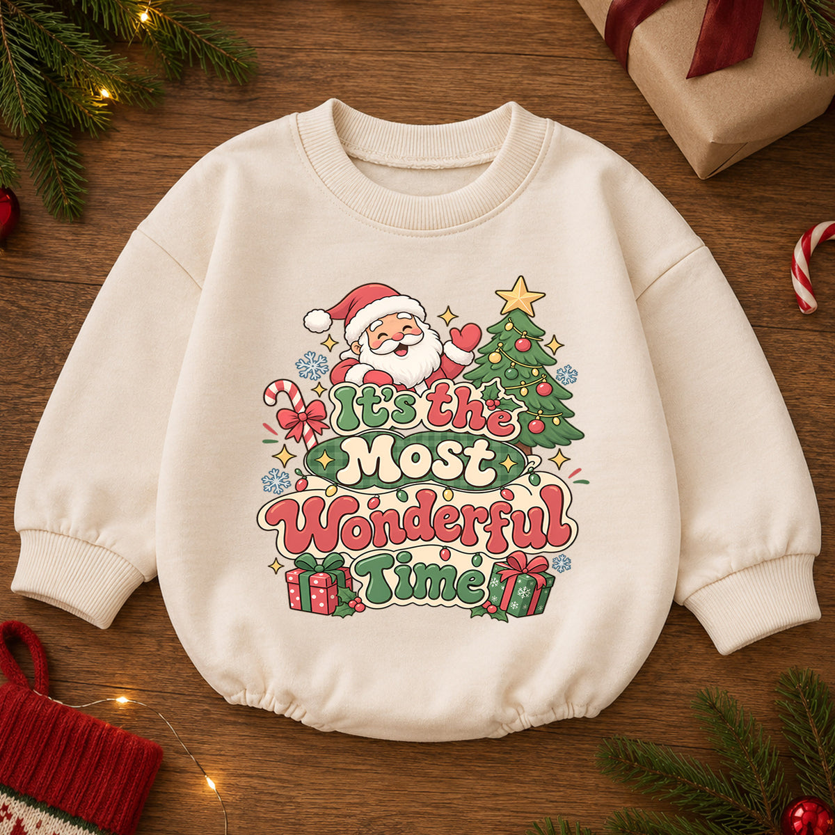 It's the Most Wonderful Time Christmas Baby Romper, Retro Santa Holiday Outfit, Toddler Xmas Romper, 1st Christmas Gift — product view 2