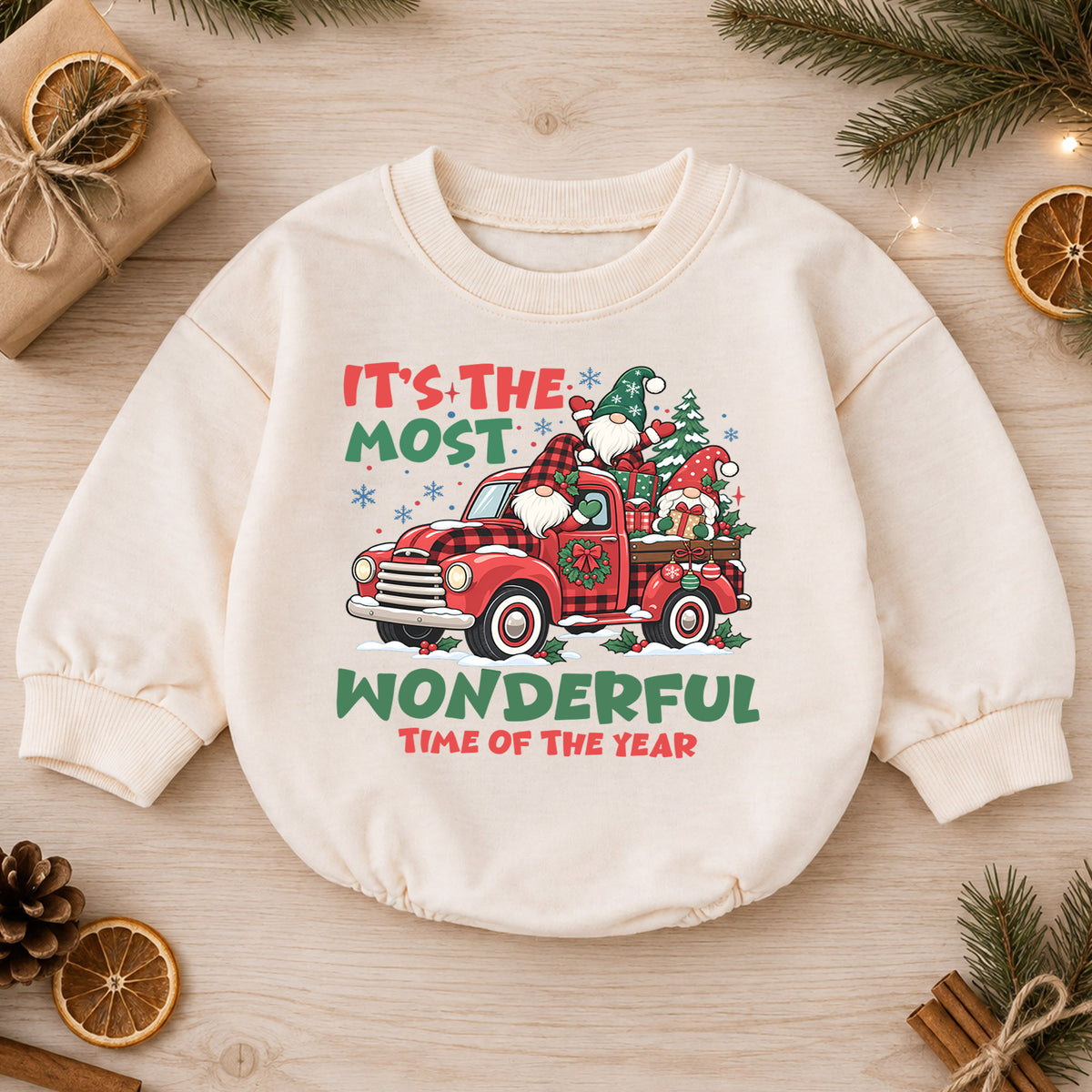 Most Wonderful Time Christmas Romper, Gnome Red Truck Baby Outfit, 1st Birthday Holiday Gift, Baby 1st Christmas Keepsake — product view 1