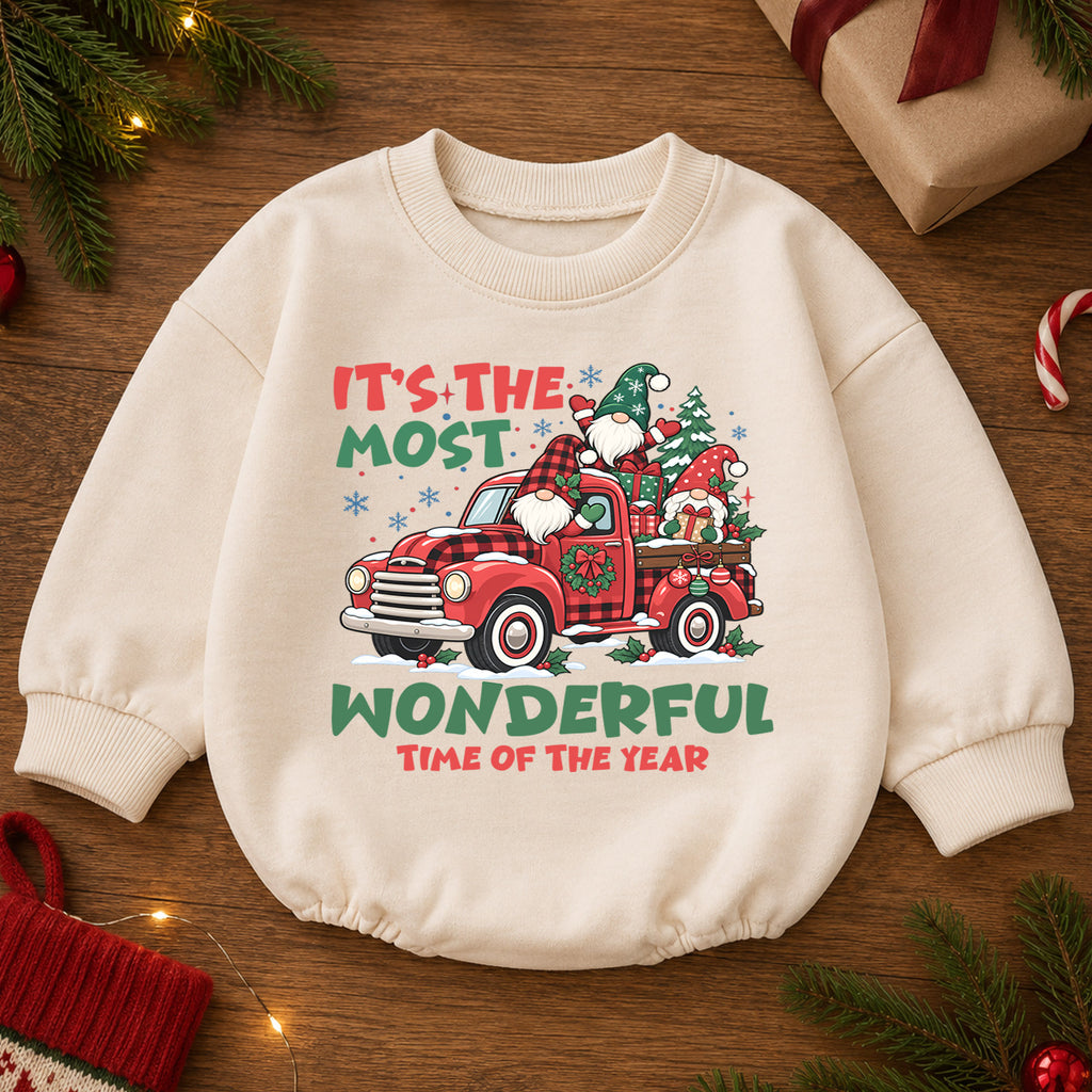 Most Wonderful Time Christmas Romper, Gnome Red Truck Baby Outfit, 1st Birthday Holiday Gift, Baby 1st Christmas Keepsake — product view 2