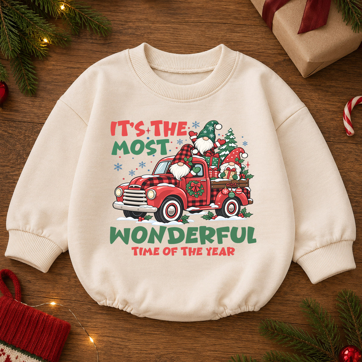 Most Wonderful Time Christmas Romper, Gnome Red Truck Baby Outfit, 1st Birthday Holiday Gift, Baby 1st Christmas Keepsake — product view 2