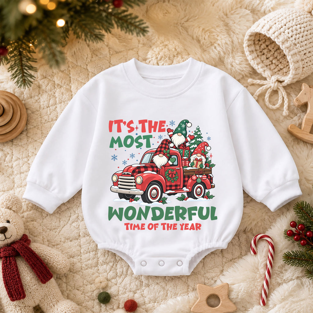 Most Wonderful Time Christmas Romper, Gnome Red Truck Baby Outfit, 1st Birthday Holiday Gift, Baby 1st Christmas Keepsake — product view 3