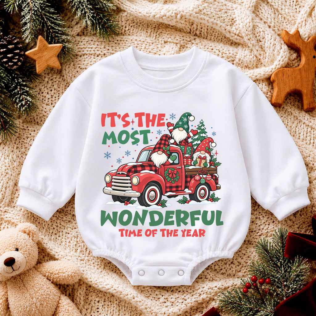 Most Wonderful Time Christmas Romper, Gnome Red Truck Baby Outfit, 1st Birthday Holiday Gift, Baby 1st Christmas Keepsake — product view 4